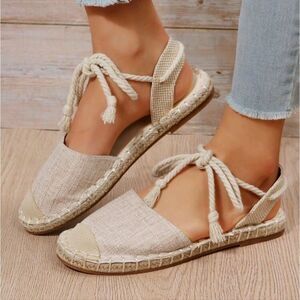 Women Espadrilles, Linen Ankle Strap Vacation Flats Size 37